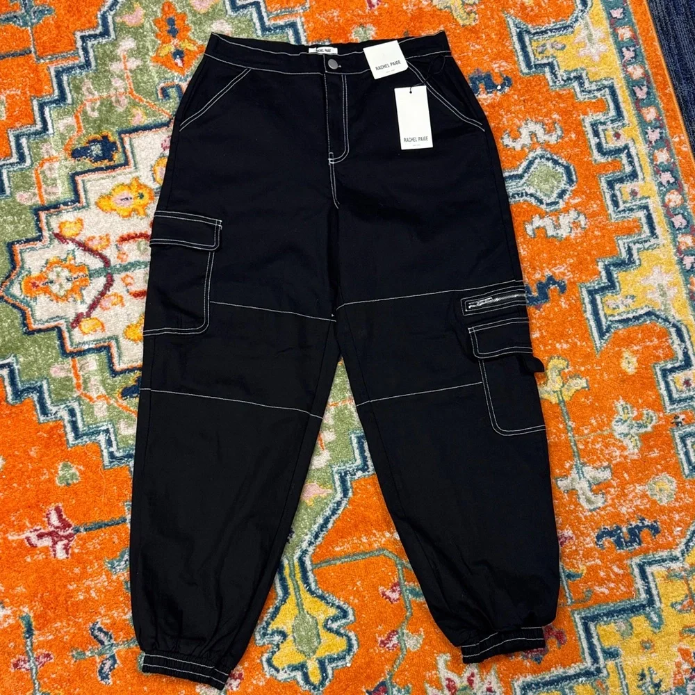 Women Black Denim White Stitching Cargo Joggers Large NWT - Picture 5 of 6